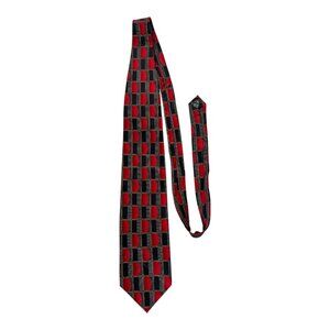 Bergamo New York Hand Made Silk Tie Red Black Geometric Pattern 57” x 4”